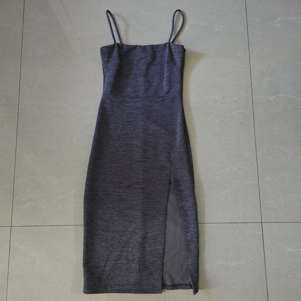 Lilyful Sparkly Gray Dress with Front Slit and Spaghetti Straps - Size Small